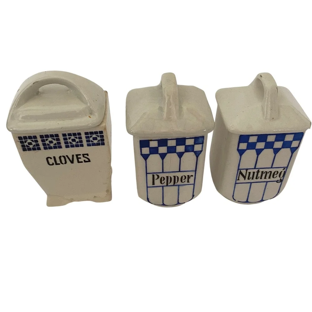 Antique German Ceramic‎ Spice Canisters Blue White Cloves Pepper Nutmeg 3pc